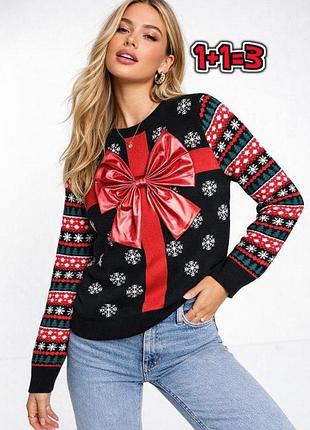 🎁1+1=3** новогодний женский свитер с бантом и снежинками festive fun, размер 52 - 54