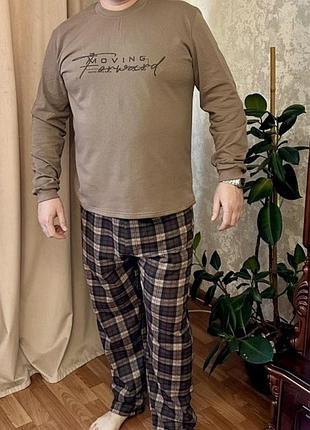 Чоловіча байкова піжама штани та кофта бежева в клітинку, від 48 до 58 розмірів