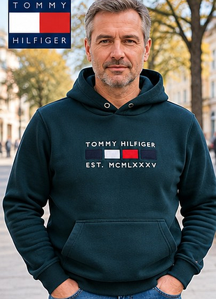 Чоловіче худі tommy hilfiger — оригінал, темно-зелене petrol, великий вишитий логотип, бавовна, xl / 52