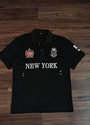 Мужская футболка поло new york черная (вышивка, нашивки)