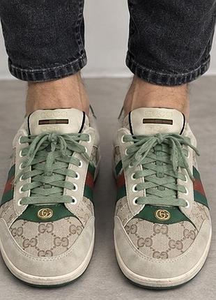 Кеди чоловічі gucci низькі замшеві бежево-зелені