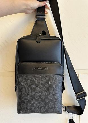 Сумка чоловіча coach слінг через плече чорна шкіряна