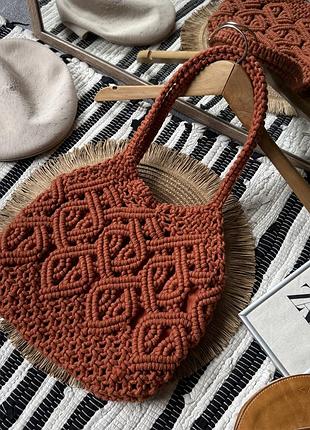 Сумка стильна zara зара плетена в техніці макраме, теракотова шоппер / шопер