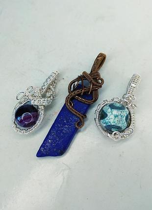 Набір підвісок wire wrap з натуральними каменями: лазурит, ларімар, агат 3 шт