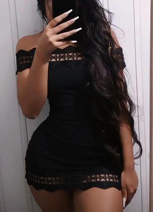 Платье женское черное мини с открытыми плечами 🖤 ажурные вставки ✨ river island 💃 бодикон 📏 размер m, l🔎 платье футляр облегающее🖤красивое женское пла