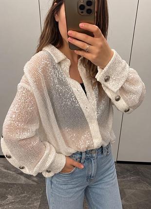 Жіноча сорочка balmain біла з паєтками оверсайз 38 розмір