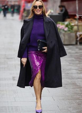 Жіноча спідниця міді zara фіолетова з паєтками та розрізом