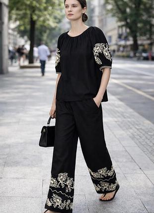 Zara zw collection | лляна блуза з об’ємними рукавами та контрастною вишивкою