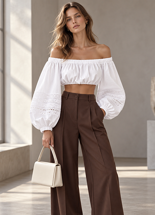 Zara | білий бавовняний кроп-топ з об’ємними рукавами та мереживом
