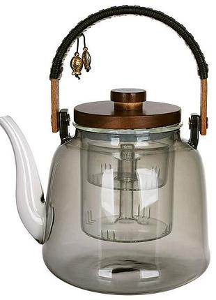 Чайник заварювальний скляний з дерев'яною кришкою 1200мл smokey grey