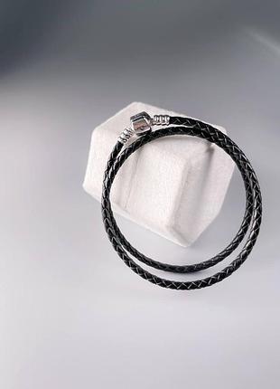 Подвійний шкіряний браслет pandora чорного кольору, покриття сріблом, s925 ale