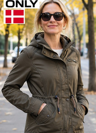 Женская куртка-парка only 🇩🇰 - стиль милитари, хаки, капюшон, 100% хлопок, xs (42)