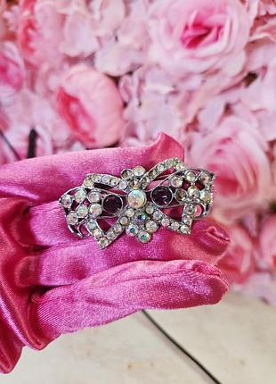 Вінтажна брошка бант срібляста з кристалами