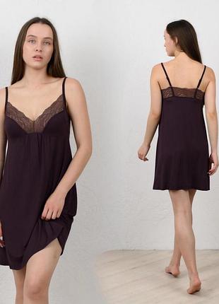 Жіноча віскозна сорочка на бретельці з мереживом (шоколадна). 2xl.3xl.4xl