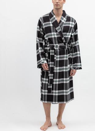 Халат чоловічий cyberjammies polar drift 3269 довгий бавовняний з начосом чорний у клітку