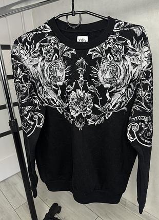Світшот чоловічий zara чорний з принтом тигрів, розмір s