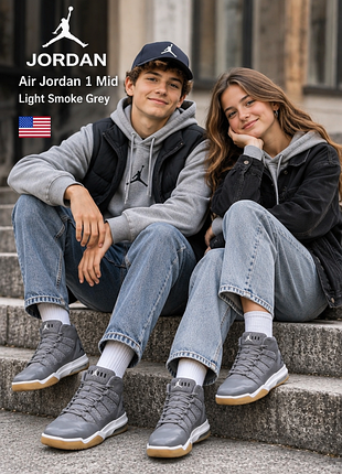 Кроссовки nike air jordan 1 mid light smoke grey оригинал, кожаные, высокие, 38,5