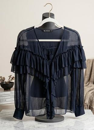 Жіноча блуза zara basic темно-синя з воланами