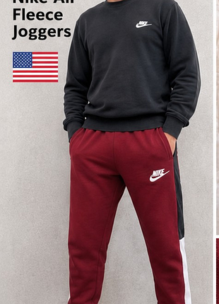 Мужские спортивные штаны nike air fleece joggers утепленные бордовые с лампасами, s, 46