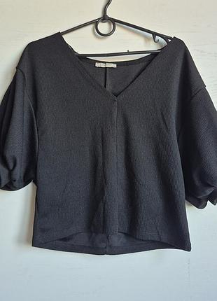 Легкая черная блузка топ zara с объемными рукавами-фонариками, размер s (жатая ткань)