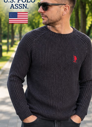 Мужской свитер u.s. polo assn. темно-серый вафельной вязки с красным логотипом, размер 46 (s)