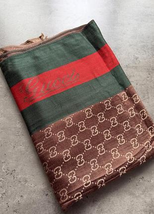 Шарф gucci вовняний коричневий із зеленими та червоними смужками італія