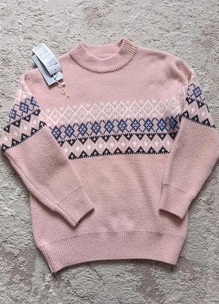 Светр для дівчинки h&m в'язаний рожевий з геометричним візерунком