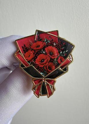 Пін значок металевий брошка «букет червоних маків» — квіти в подарунковому пакуванні