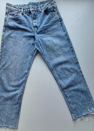Жіночі блакитні джинси  straight leg, висока посадка варенка acid wash / світлий денім з ефектом «солі з перцем" l