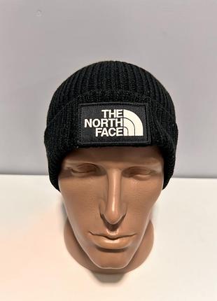 Шапка чоловіча the north face біні в'язана в рубчик з відворотом чорна