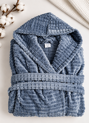 Халат жіночий сірий рвана махра теплий блакитно-сірий 2 xl 3xl з капюшоном, кишенями