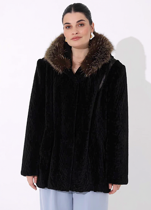 Женская шуба firenze (styled in italy) — каракуль с капюшоном из чернобурки (р. 52–56)