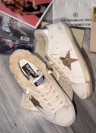 Кеди golden goose super-star шкіряні з хутром білі із золотою зіркою