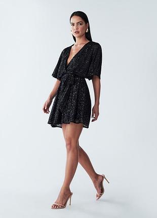 In the style черное платье мини с пайетками блестящее вечернее платье с запахом глубоким v вырезом летучая мышь нарядное коктейльное платье uk 20