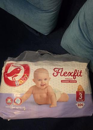 Подгузники auchan baby flexfit 3 midi (4-9 кг), 104 шт. мега упаковка