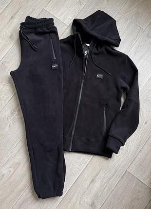 Теплий спортивний костюм чорний s m l xl xxl однотонний на манжеті nike двосторонній плотний полар фліс чоловічий якісний туреччина