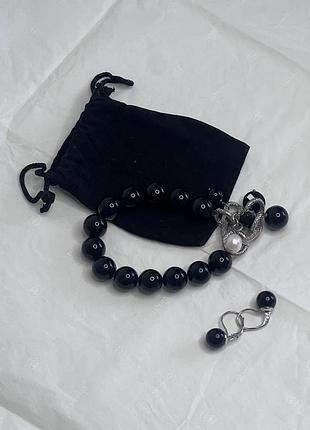 Комплект біжутерії для жінок chanel браслет та сережки чорний зі сріблястим