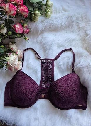 Бюстгальтер жіночий victoria's secret бордовий з передньою застібкою та мереживною спинкою t-back