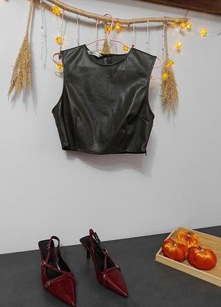 Кожаный топ zara размер м хаки цвет