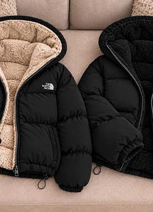 Куртка жіноча the north face коротка дута з капюшоном та хутром.хіт продажу