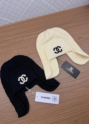 Шапка-вушанка жіноча chanel в'язана бавовняна чорна та молочна