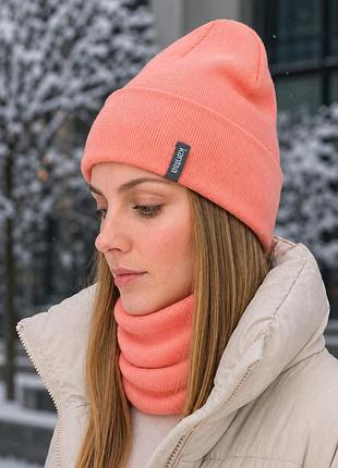 В'язаний комплект шапка та снуд luxyart унісекс персик (ko-124)