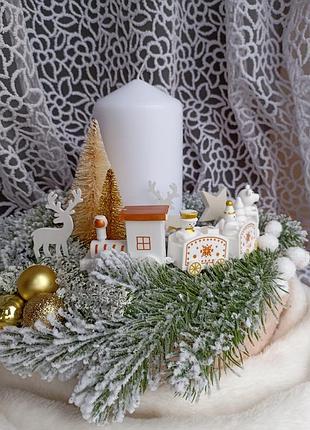 Новорічна композиція зі свічкою та фігурками потяга
