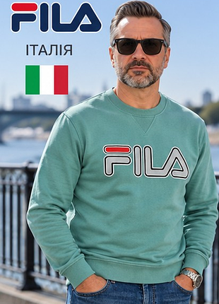 Мужской теплый свитшот fila - мятный, крупный логотип, с начесом, 60% хлопок, размер l (50)