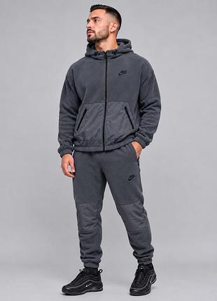Чоловічий зимовий спортивний костюм nike polar fleece, теплий товстий полар-фліс, кофта на блискавці з капюшоном та штани, туреччина, темний графіт