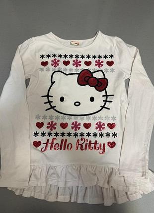Лонгслів для дівчинки hello kitty білий з новорічним принтом та паєтками