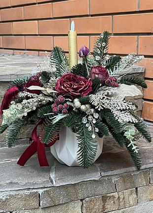 Раздъемная композиция с электронной свечкой, новогодняя композиция с декором