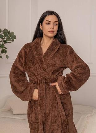 1090 шоколадный махровый теплый халат teddy welsoft женский короткий без капюшона коричневый