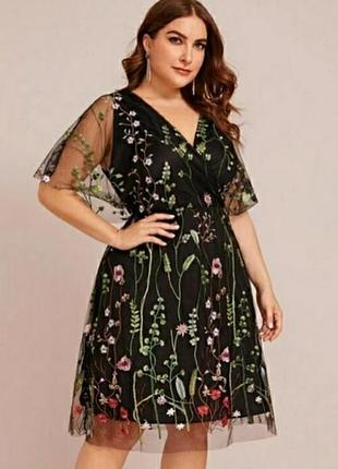 Жіноча ошатна сукня міді з сіткою та вишивкою квітів 2 xl shein