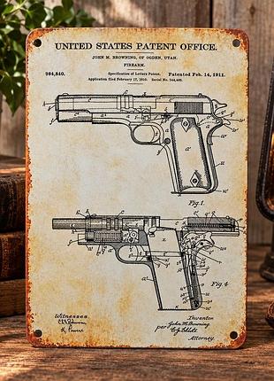 Металева вінтажна табличка пістолет кольт colt m1911 патент браунінг 14х20 см